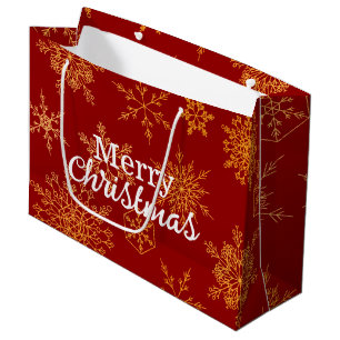 Grand Sac Cadeau Élégant Golden Snowflakes Red Cute Joyeux Noël