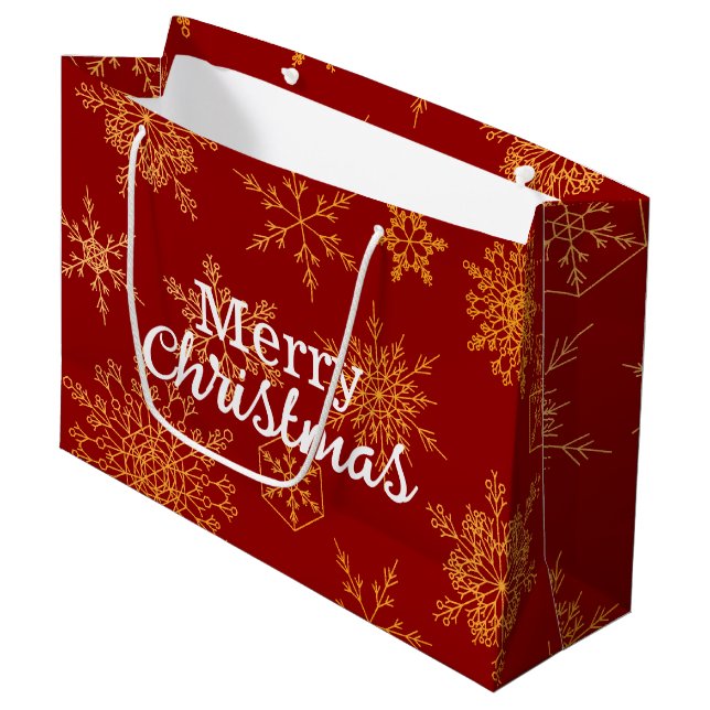 Grand Sac Cadeau Élégant Golden Snowflakes Red Cute Joyeux Noël (Devant Angle)