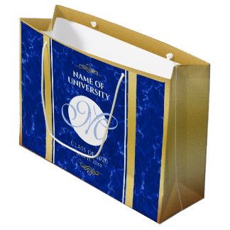 Grand Sac Cadeau Élégant Graduation Monogramme Bleu Marbre Or Huile