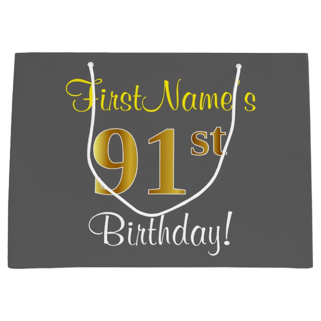 Grand Sac Cadeau Elégant, Grey, Faux Gold 91ème Anniversaire + Nom (Devant)