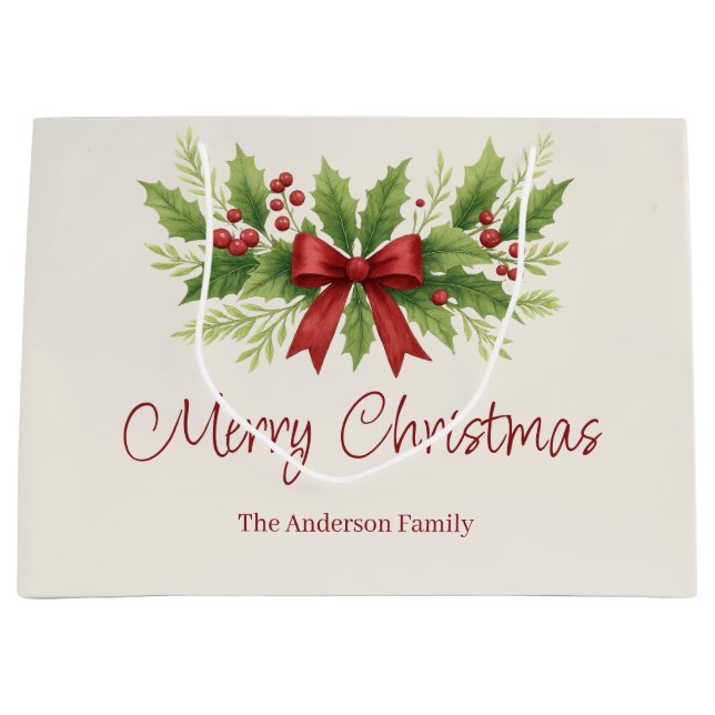 Grand Sac Cadeau Elegant Holly & Red Bow Noël - (Devant)