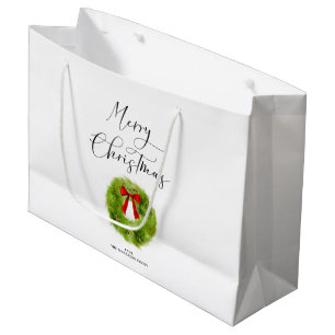 Grand Sac Cadeau Élégant Joyeux Script de Noël Vert Wreath