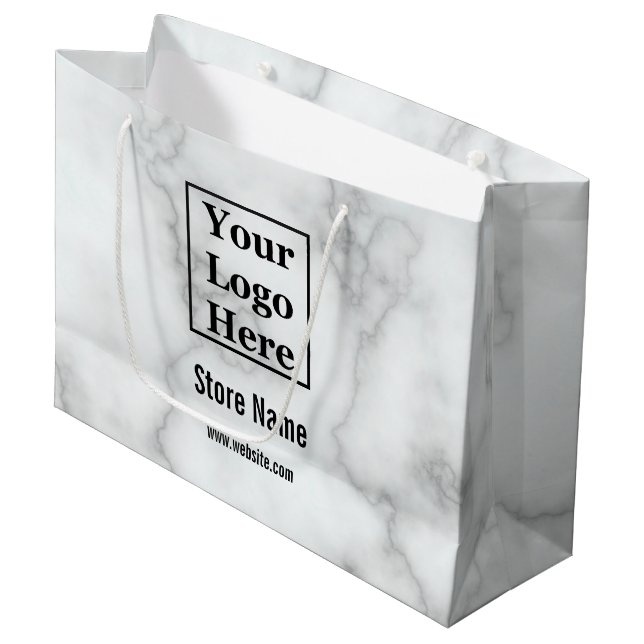 Grand Sac Cadeau Elégant Marbre blanc Faux Votre Logo Ici (Devant Angle)