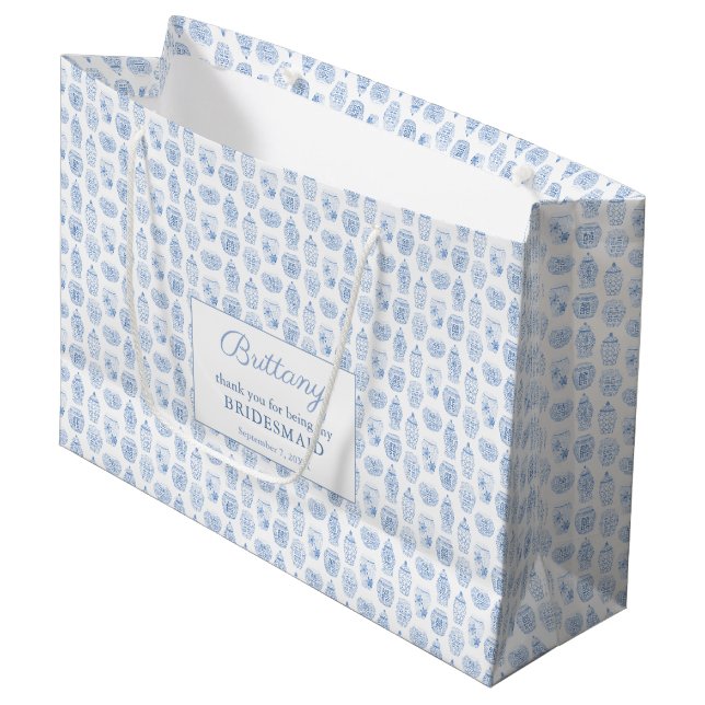 Grand Sac Cadeau Elégant Mariage bleu et blanc Bridesmaid Merci (Devant Angle)