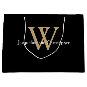 Grand Sac Cadeau Élégant Mariage Monogramme Noms Chic Black Gold