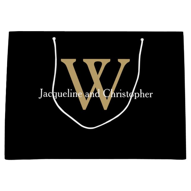 Grand Sac Cadeau Élégant Mariage Monogramme Noms Chic Black Gold (Devant)