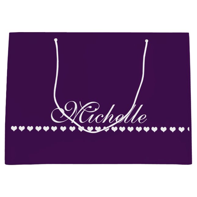 Grand Sac Cadeau Élégant Monogramme Coeurs blancs Eggplant pourpre (Devant)