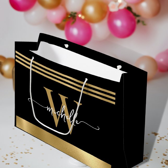 Grand Sac Cadeau Élégant Monogramme Initial Script Black Gold Sripe (Créateur téléchargé)