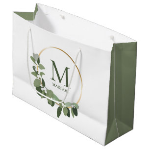 Grand Sac Cadeau Élégant Monogramme Vert Wreath
