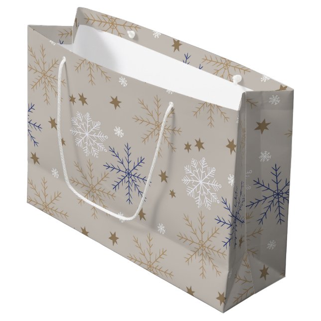 Grand Sac Cadeau Élégant Motif beige Snowflake (Devant Angle)