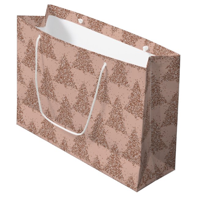 Grand Sac Cadeau Élégant Motif d'arbre | Glam Rose Gold Christmas (Devant Angle)