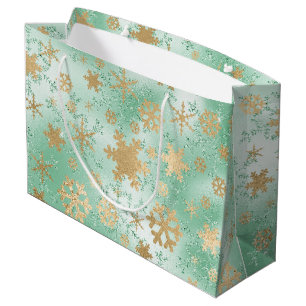 Grand Sac Cadeau Élégant Motif de flocon de neige vert & or