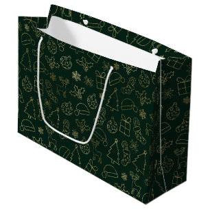 Grand Sac Cadeau Élégant Motif de Noël Green et Gold Foil