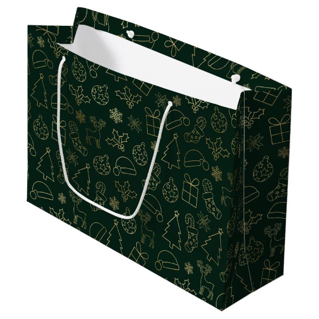 Grand Sac Cadeau Élégant Motif de Noël Green et Gold Foil (Devant Angle)