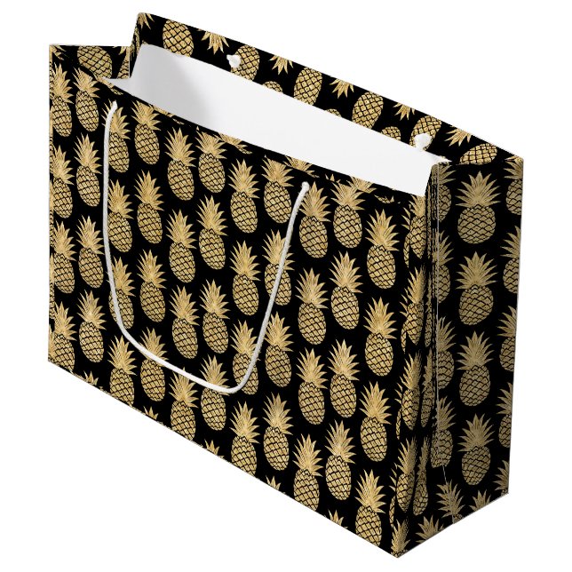 Grand Sac Cadeau Élégant Motif Tropical Noir et Or Ananas (Devant Angle)