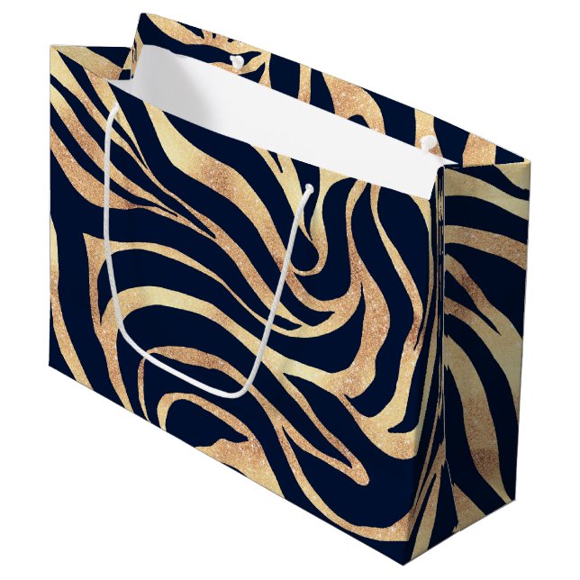 Grand Sac Cadeau Elegant Navy Blue Gold Zebra Print (Devant Angle)
