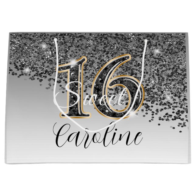 Grand Sac Cadeau Elégant noir & or Parties scintillant douce 16 Ann (Devant)