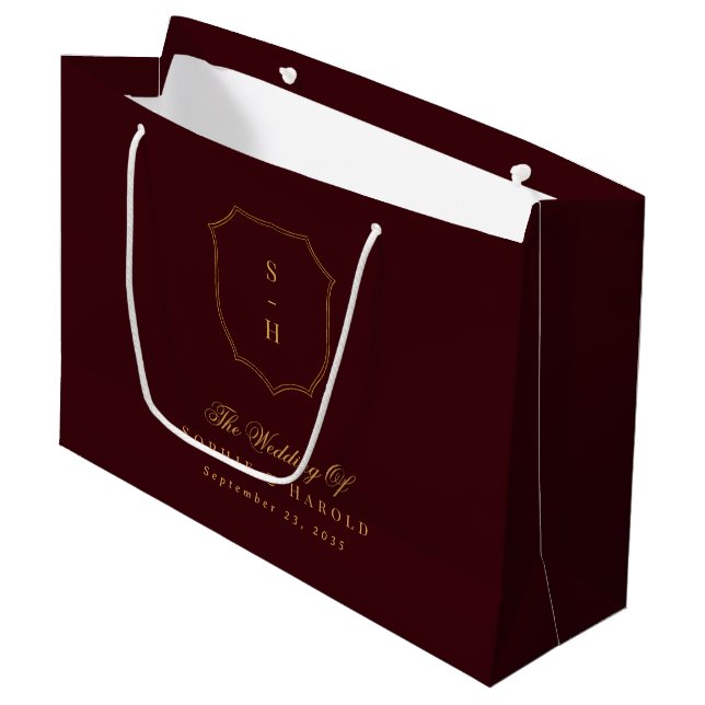 Grand Sac Cadeau Elegant Old Money Burgundy Gold Monogram Wedding (Devant Angle)