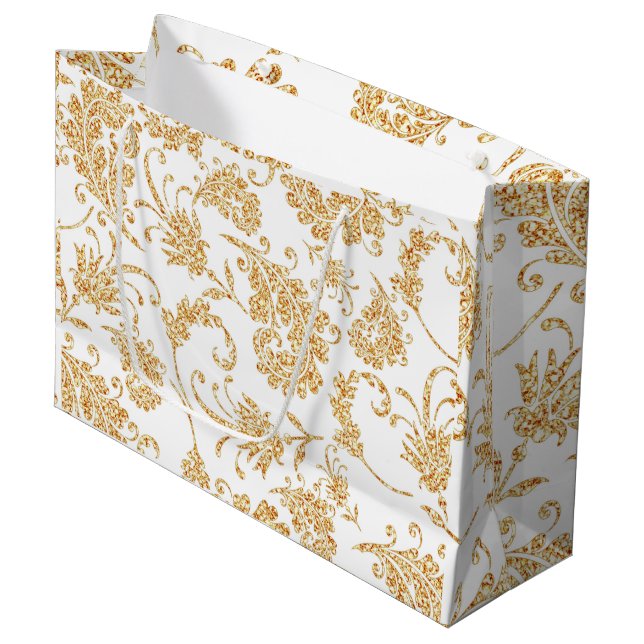 Grand Sac Cadeau Élégant or blanc floral (Devant Angle)