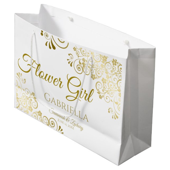 Grand Sac Cadeau Elégant or & blanc Simple Flower Mariage (Devant Angle)