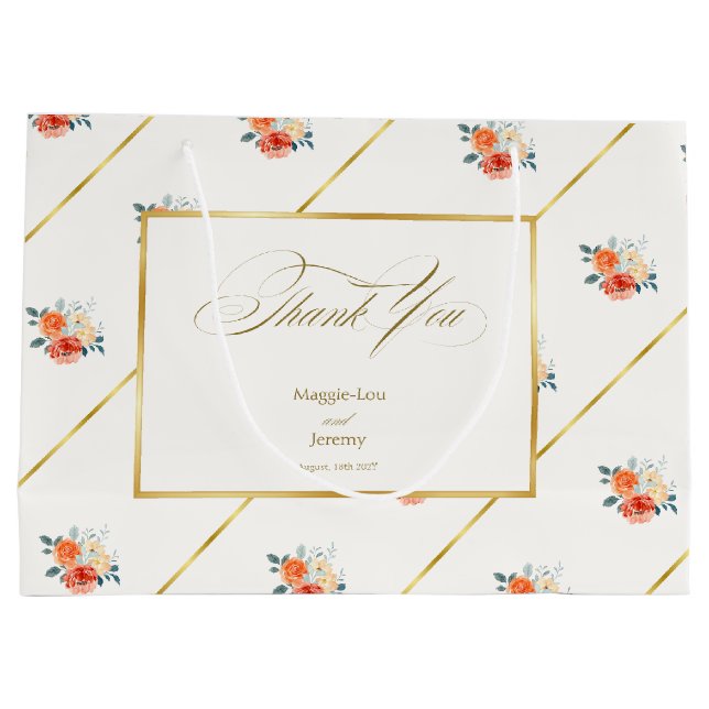 Grand Sac Cadeau Élégant or Blush Mariage Floral Merci (Dos)