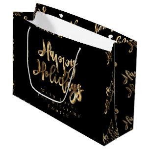 Grand Sac Cadeau Élégant or Look Script Black Happy Holidays