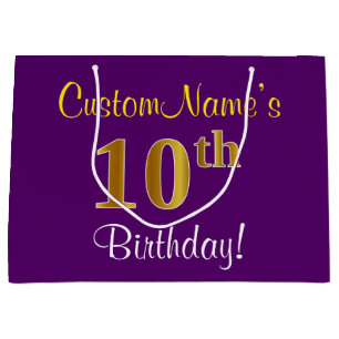 Grand Sac Cadeau Elégant, pourpre, Faux Gold 10e anniversaire + Nom