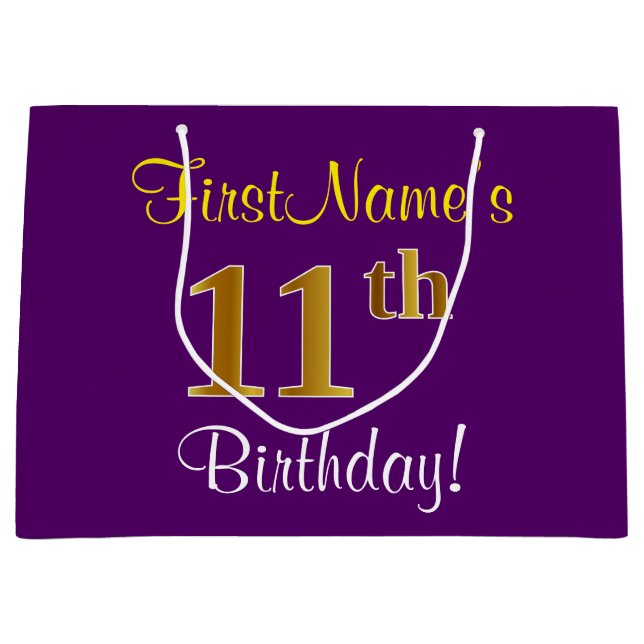 Grand Sac Cadeau Elégant, pourpre, Faux Gold 11e anniversaire + Nom (Devant)