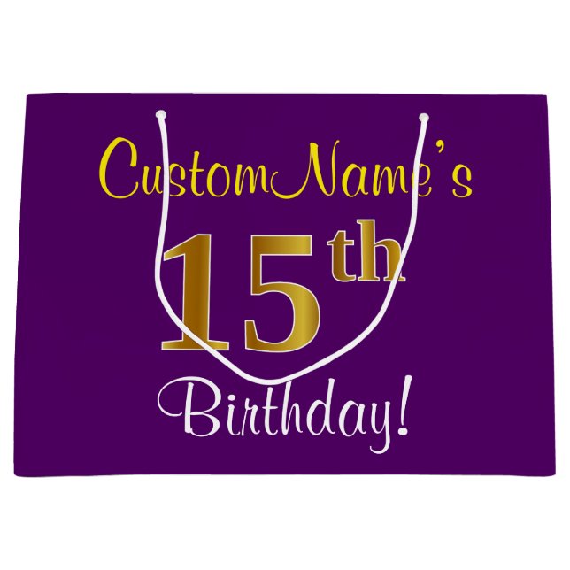 Grand Sac Cadeau Elégant, pourpre, Faux Gold 15e anniversaire + Nom (Devant)