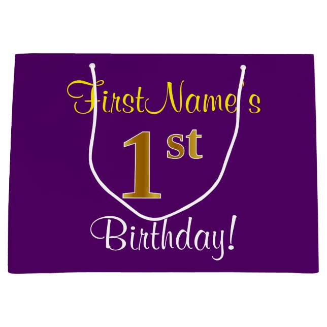 Grand Sac Cadeau Elégant, pourpre, Faux Gold 1er anniversaire + Nom (Devant)