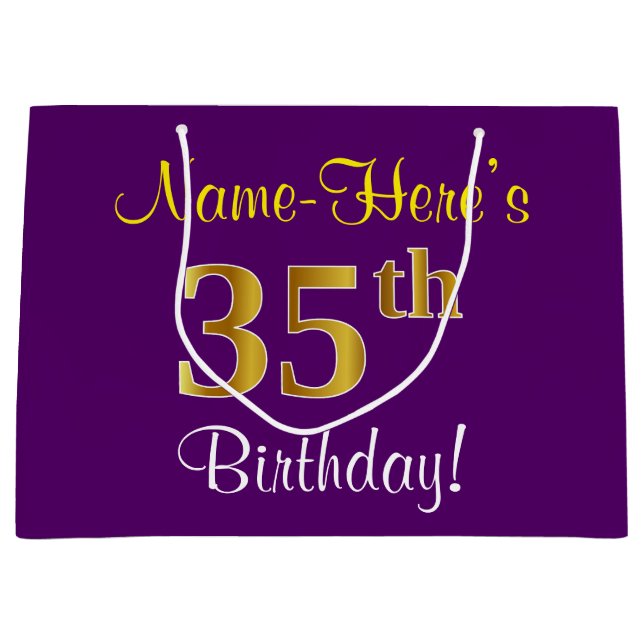 Grand Sac Cadeau Elégant, pourpre, Faux Gold 35e anniversaire + Nom (Devant)