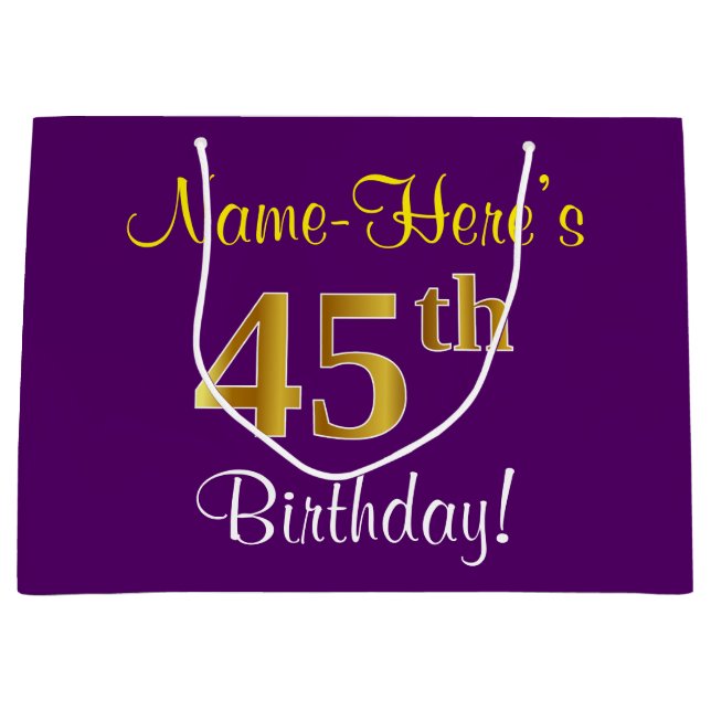 Grand Sac Cadeau Elégant, pourpre, Faux Gold 45ème anniversaire + N (Devant)