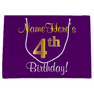 Grand Sac Cadeau Elégant, pourpre, Faux Gold 4ème anniversaire + No