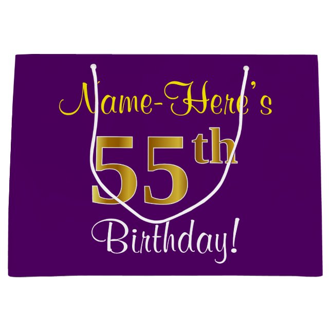Grand Sac Cadeau Elégant, pourpre, Faux Gold 55e anniversaire + Nom (Devant)