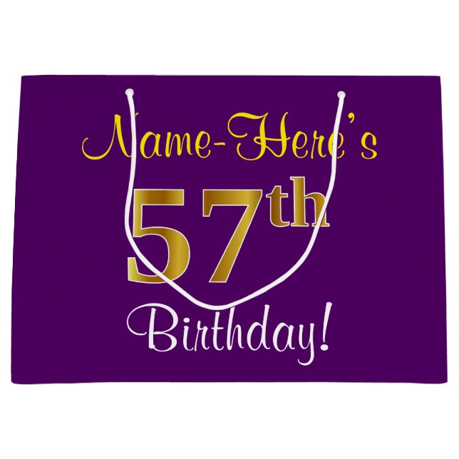 Grand Sac Cadeau Elégant, pourpre, Faux Gold 57e anniversaire + Nom (Devant)