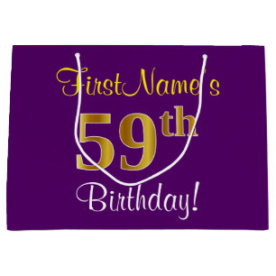 Grand Sac Cadeau Elégant, pourpre, Faux Gold 59e anniversaire + Nom