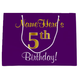 Grand Sac Cadeau Elégant, pourpre, Faux Gold 5e anniversaire + nom