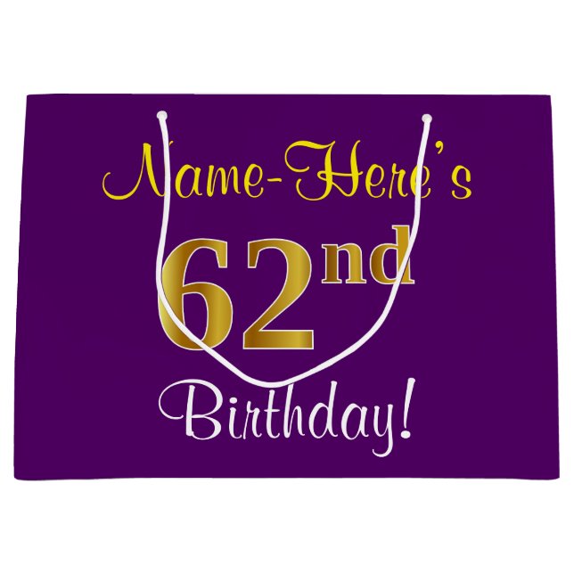 Grand Sac Cadeau Elégant, pourpre, Faux Gold 62e anniversaire + Nom (Devant)