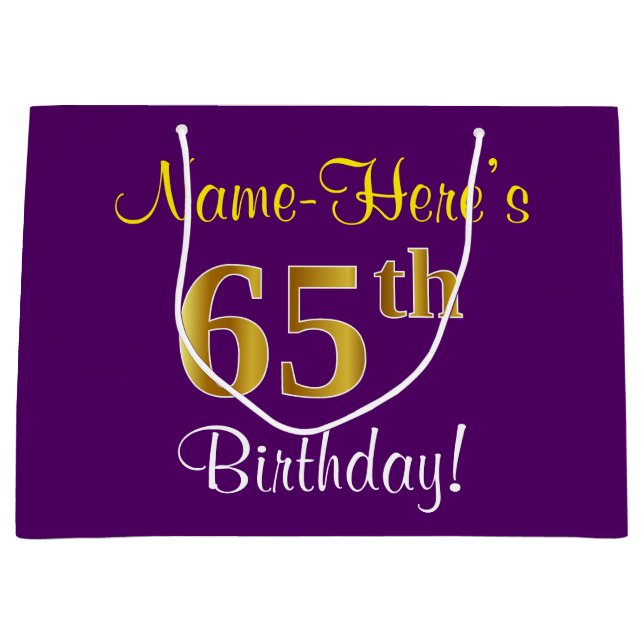 Grand Sac Cadeau Elégant, pourpre, Faux Gold 65e anniversaire + Nom (Devant)
