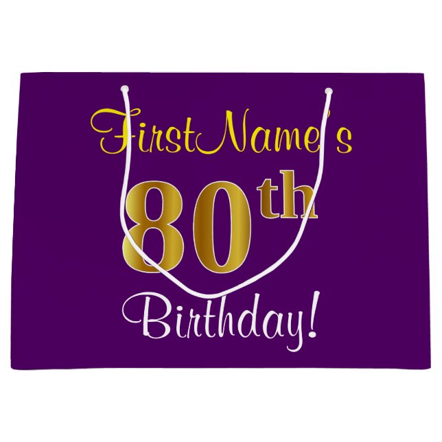 Grand Sac Cadeau Elégant, pourpre, Faux Gold 80e anniversaire + Nom (Devant)