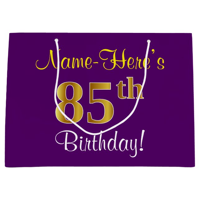 Grand Sac Cadeau Elégant, pourpre, Faux Gold 85e anniversaire + Nom (Devant)
