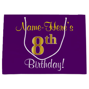 Grand Sac Cadeau Elégant, pourpre, Faux Gold 8ème anniversaire + No