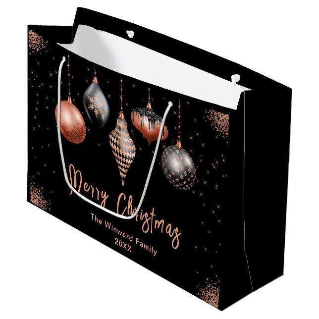 Grand Sac Cadeau Elegant Rose Gold and Black Ornament Christmas (Devant Angle)