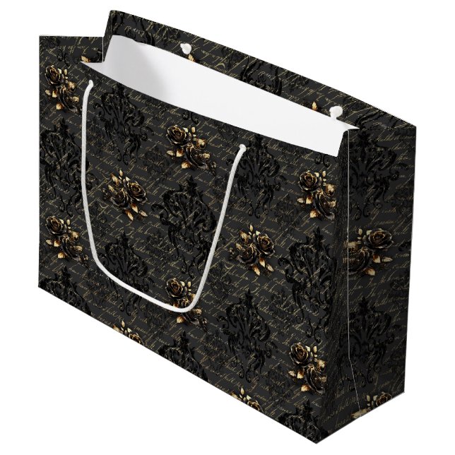 Grand Sac Cadeau Élégant roses en or noir damassé gothique (Devant Angle)
