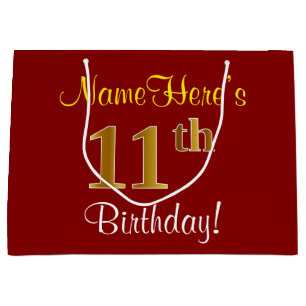 Grand Sac Cadeau Elégant, Rouge, Faux Gold 11e anniversaire; Nom pe