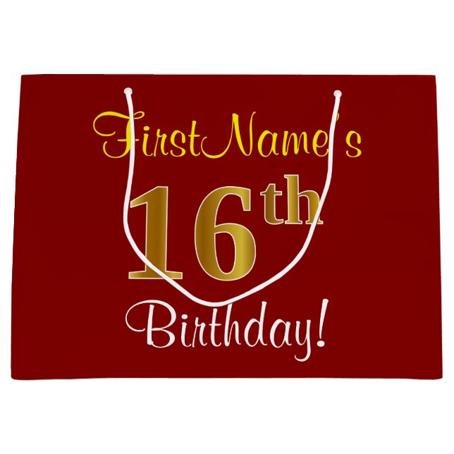 Grand Sac Cadeau Elégant, Rouge, Faux Gold 16e anniversaire; Nom pe (Devant)