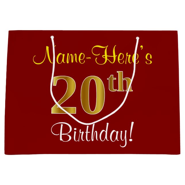 Grand Sac Cadeau Elégant, Rouge, Faux Gold 20e anniversaire; Nom pe (Devant)