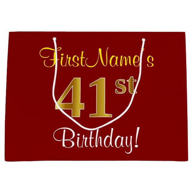 Grand Sac Cadeau Elégant, Rouge, Faux Gold 41e anniversaire; Nom pe (Devant)