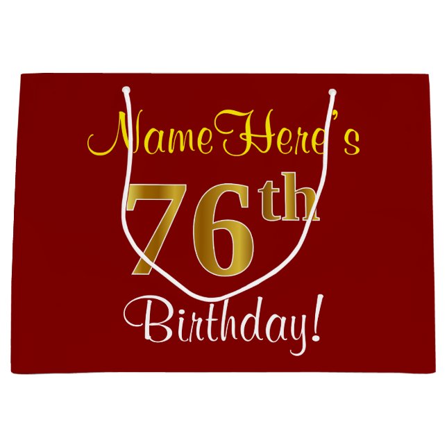 Grand Sac Cadeau Elégant, Rouge, Faux Gold 76e anniversaire; Nom pe (Devant)