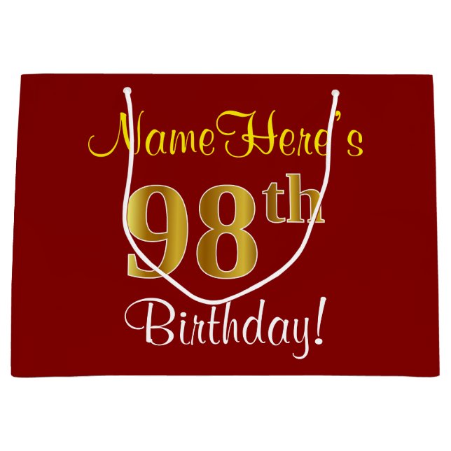 Grand Sac Cadeau Elégant, Rouge, Faux Gold 98e anniversaire; Nom pe (Devant)
